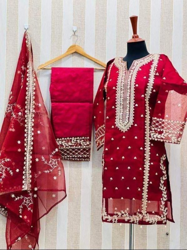 3 Pcs Women's Stitched Organza Embroidered Suit