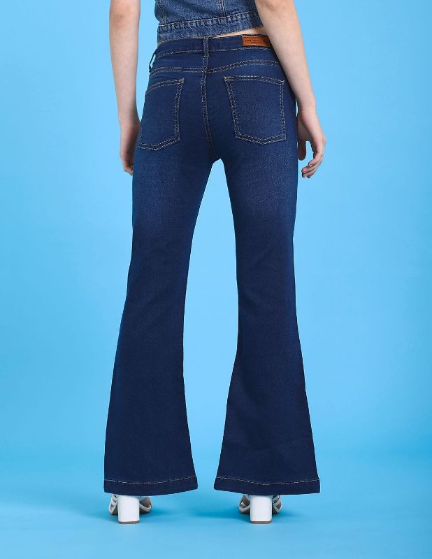 High Waist Flared Blue Denim Pants with Clean Hem Finish EW-000765