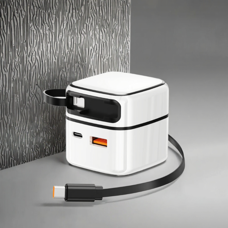 Chargeur rapide GaN 35W – Double port USB-C + USB-A | Technologie PD & QC 3.0 | Câble rétractable pliable | Charge rapide universelle 100–240V