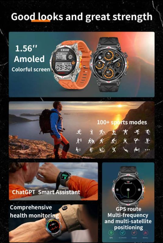 Montre connectée KC93 – GPS intégré | Écran AMOLED 1,56″ | Appels Bluetooth | Étanchéité 30 m (3ATM) | Assistant vocal AI ChatGPT | Suivi santé complet