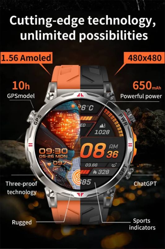 Montre connectée KC93 – GPS intégré | Écran AMOLED 1,56″ | Appels Bluetooth | Étanchéité 30 m (3ATM) | Assistant vocal AI ChatGPT | Suivi santé complet