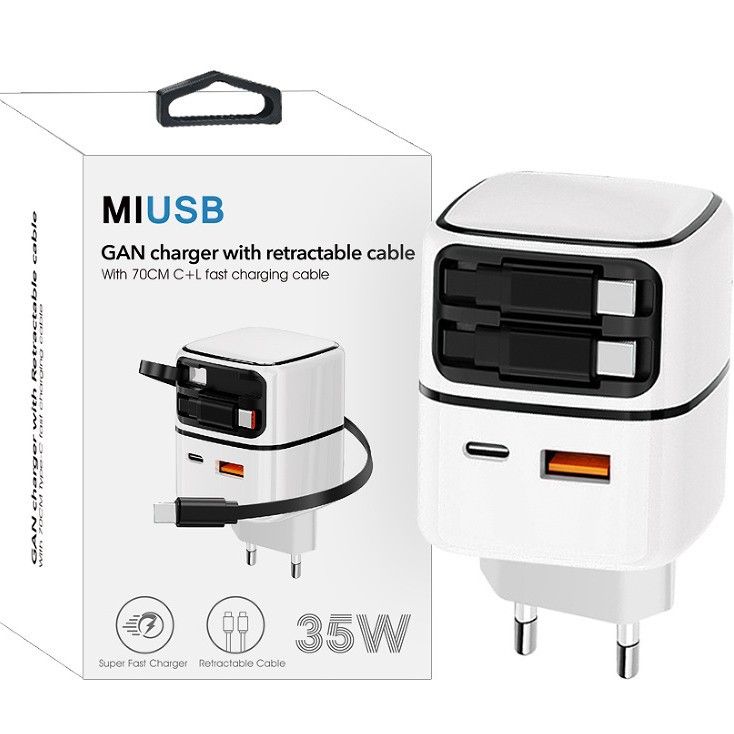 Chargeur rapide GaN 35W – Double port USB-C + USB-A | Technologie PD & QC 3.0 | Câble rétractable pliable | Charge rapide universelle 100–240V