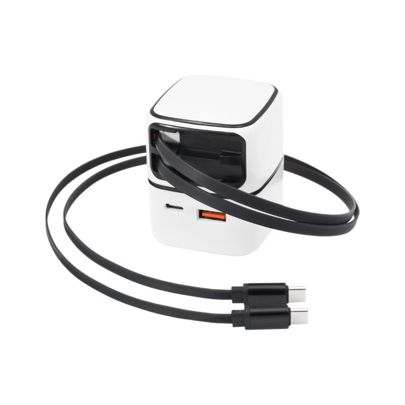 Chargeur rapide GaN 35W – Double port USB-C + USB-A | Technologie PD & QC 3.0 | Câble rétractable pliable | Charge rapide universelle 100–240V