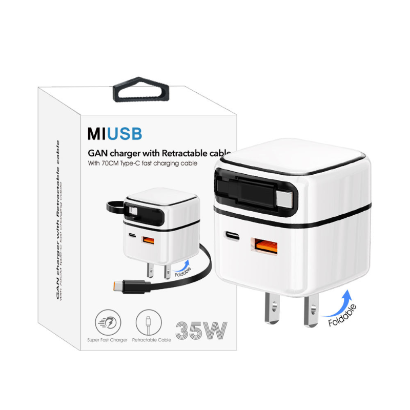 Chargeur rapide GaN 35W – Double port USB-C + USB-A | Technologie PD & QC 3.0 | Câble rétractable pliable | Charge rapide universelle 100–240V