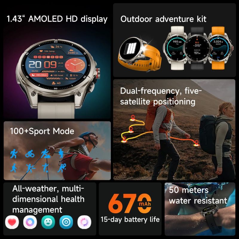 Montre connectée FT66 – GPS intégré | Étanche 5ATM | Écran AMOLED 1,43″ | Boussole, Altimètre & Baromètre | Batterie 670 mAh | Boîtier en alliage
