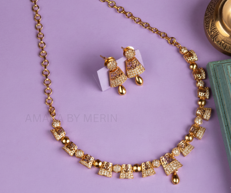 Gold Halo AD stone necklace with earrings AM14009