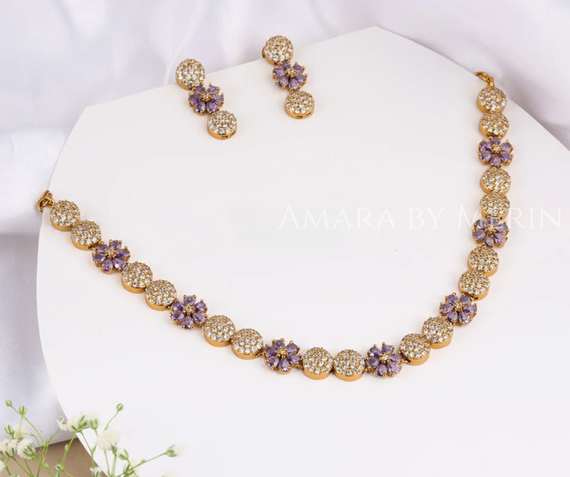 Lilac and White AD Stone Necklace with Hanging Earrings AM3UNF12