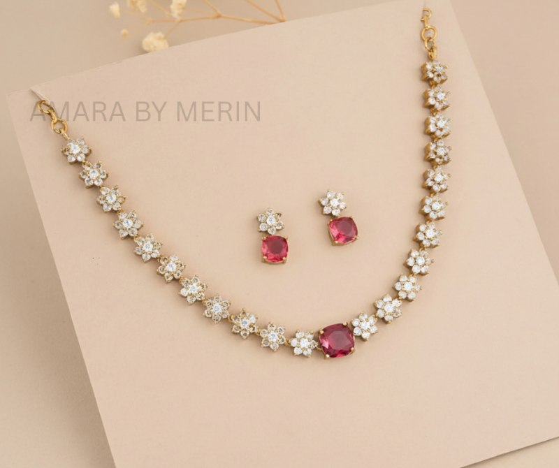 Royal Petal - Gold plated  Ruby pink and white stone necklace with earrings AM14018