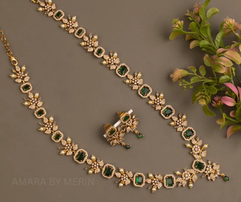 Emerald Grace AD Stone Floral Long Necklace with hanging earrings AM3UNF14G