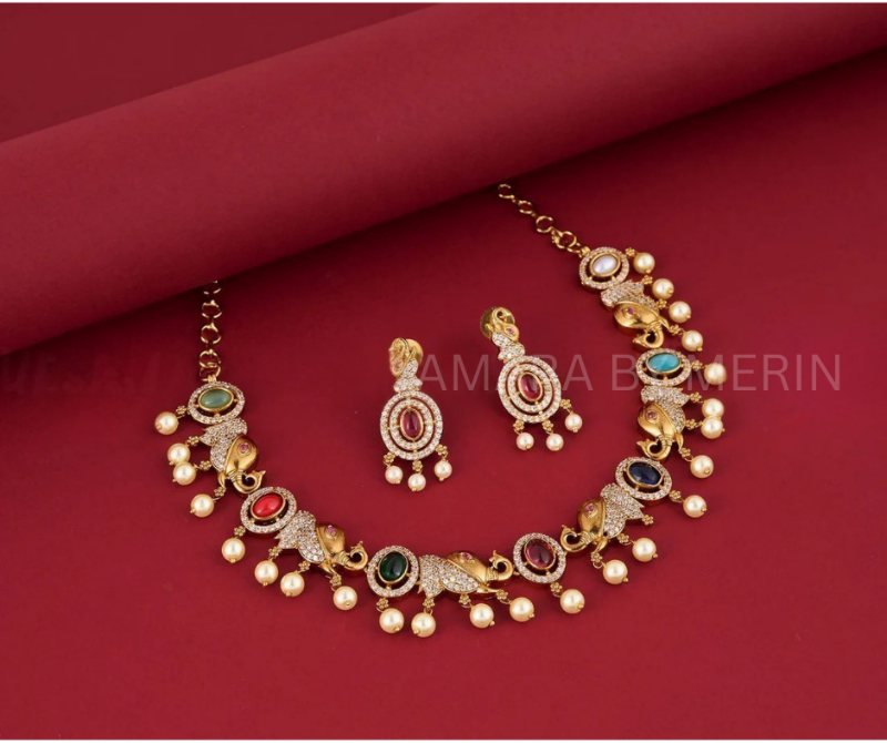 Elephant Motif Multicolour Gold plated  AD stone Necklace with Earrings AM13010