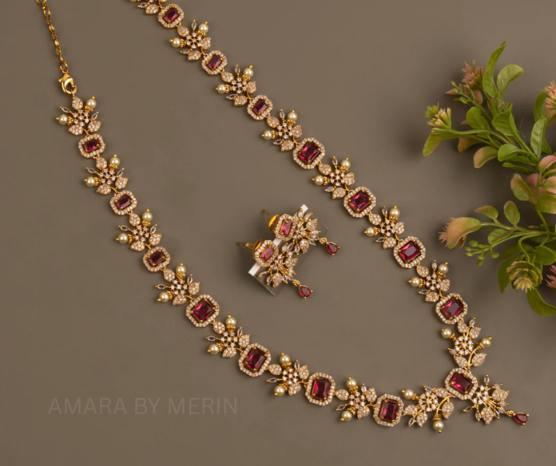 Ruby Royale AD Stone Floral Long Necklace with hanging earrings  AM3UNF14