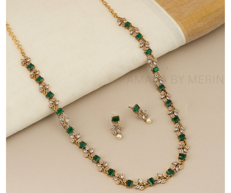 Aarohi Gold plated AD Stone Necklace(Green) with hanging Earrings AM13014