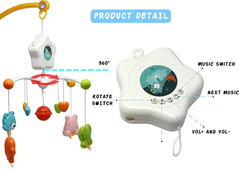 Musical Mobile Bed Bell Toy for Babies, Battery Operated Baby Hanging Toys Baby Crib Musical Cot Toy with Lights and Music, Star Projector KT(HE0307)