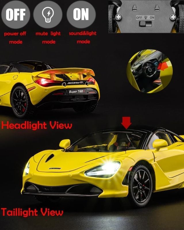 1:24 Scale Diecast McLaren 720s Alloy Car Model, Lights Up, Sounds, Open all sides, foldable mirror TM (CZ153AD)