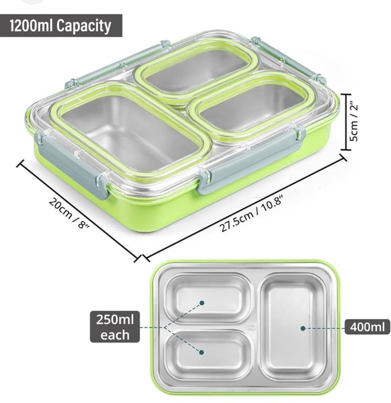 Stainless Steel Lunch Box with Divided Compartments, Meal Prep Containers Lunch Box With Steel Spoon for Adults & Kids, Leak & Spill Proof Snack Box with Utensils, BPA-Free & Dishwasher Safe (YS-102CG)