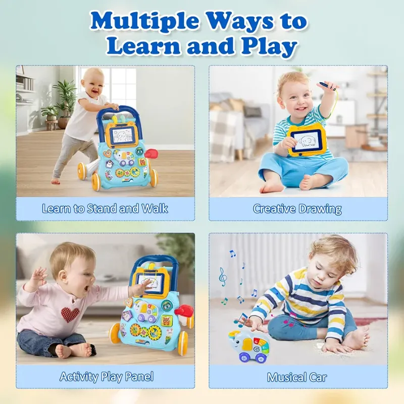 Premium Sit to Stand Baby Walker, Baby Push Along Toys with Music and Drawing Board, Early Educational Activity Centres Babies Learning Toys, Baby Walkers for Boys Girls from 6 Months KT (HE0810)