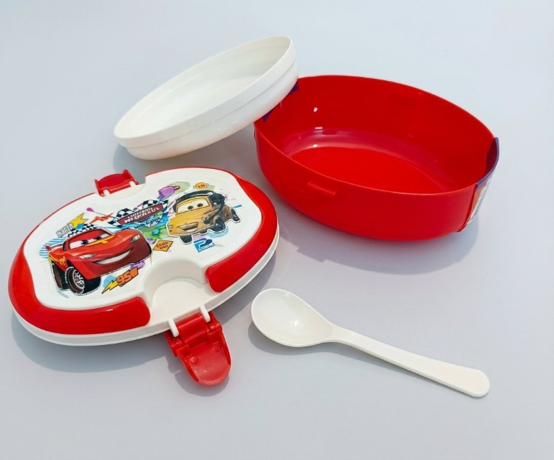 McQueen car Double Compartment Lunch Box Hunter with Tray and Box Handle Spoon