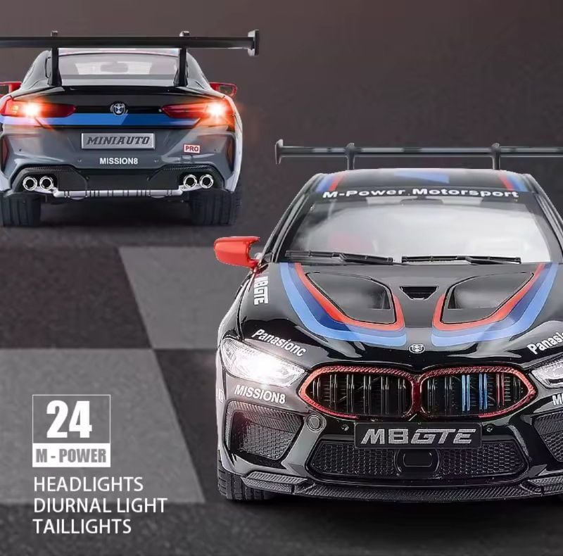 1:24 BMW M8 GTE Race Car Alloy Car Diecast Model Sound Light Pull Back Toy Model Computer Decorative Ornaments Kids Toys Gift TM (DC24232)