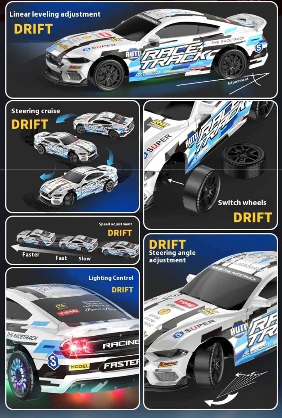 2.4G RC Drift Car Speed King Gyro Remote Control Stabilization 4WD Led light fast drifting all ways KT(T6843-4)