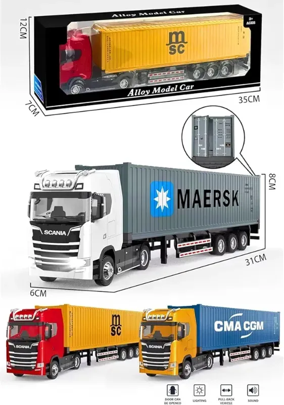 Container Truck 1:36 Scale Large Diecast Metal Alloy  Model Container Toy Realistic Details With Sounds Lights KT JG2605
