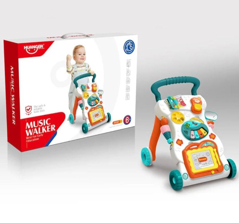 High quality HUANGER Baby Music Walker Multifunctional Children Infant Baby Learn Walk Stand Trolley Early Educational Toys (HE0819)