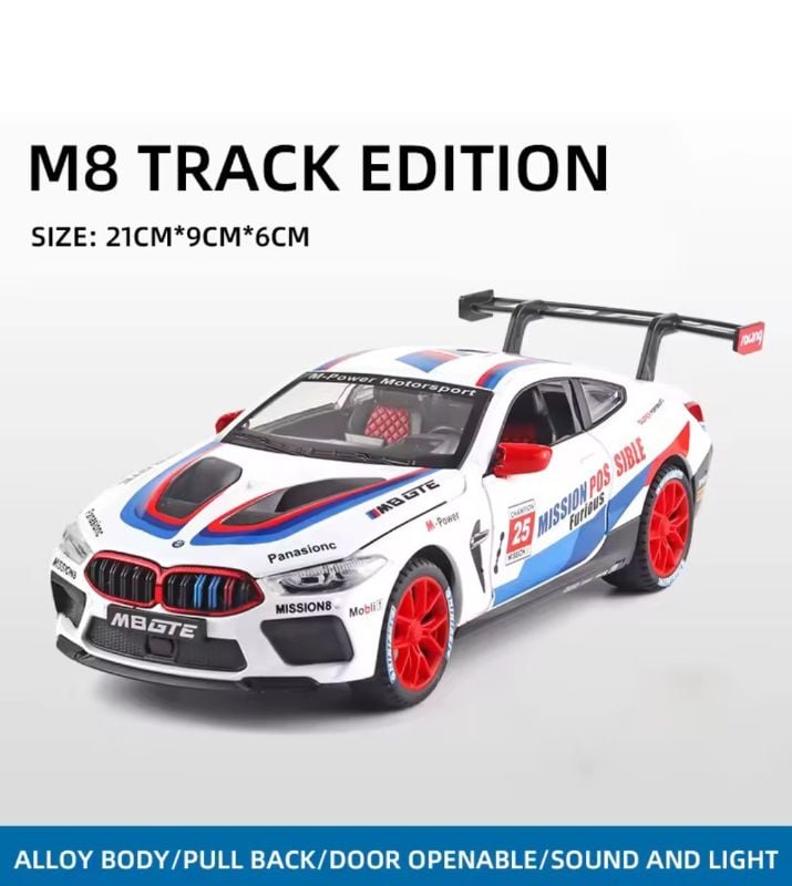 1:24 BMW M8 GTE Race Car Alloy Car Diecast Model Sound Light Pull Back Toy Model Computer Decorative Ornaments Kids Toys Gift TM (DC24232)