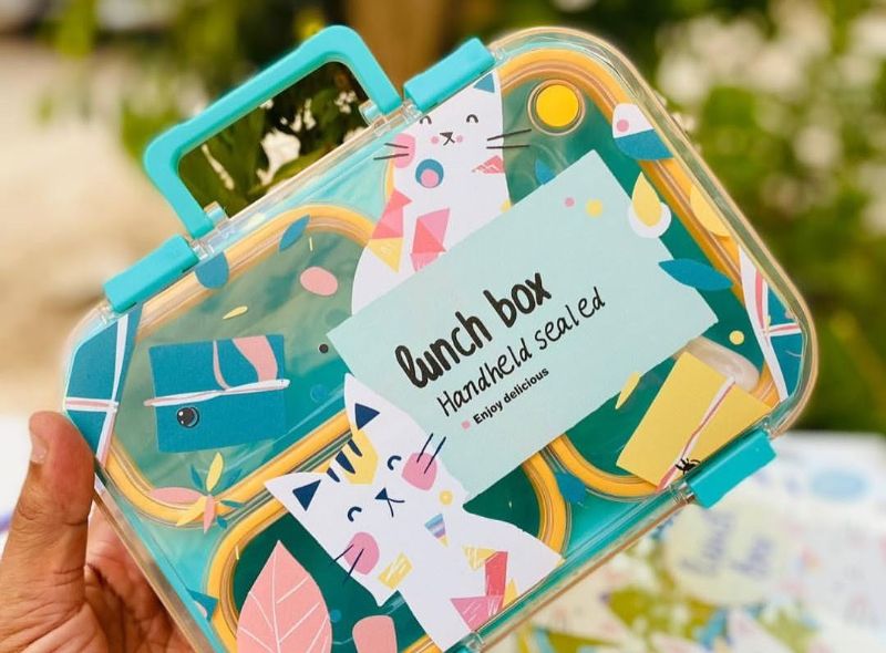 Meow Theme Uv Printed Lunch Box 3 compartment with carry handle High quality design (LX-7169)