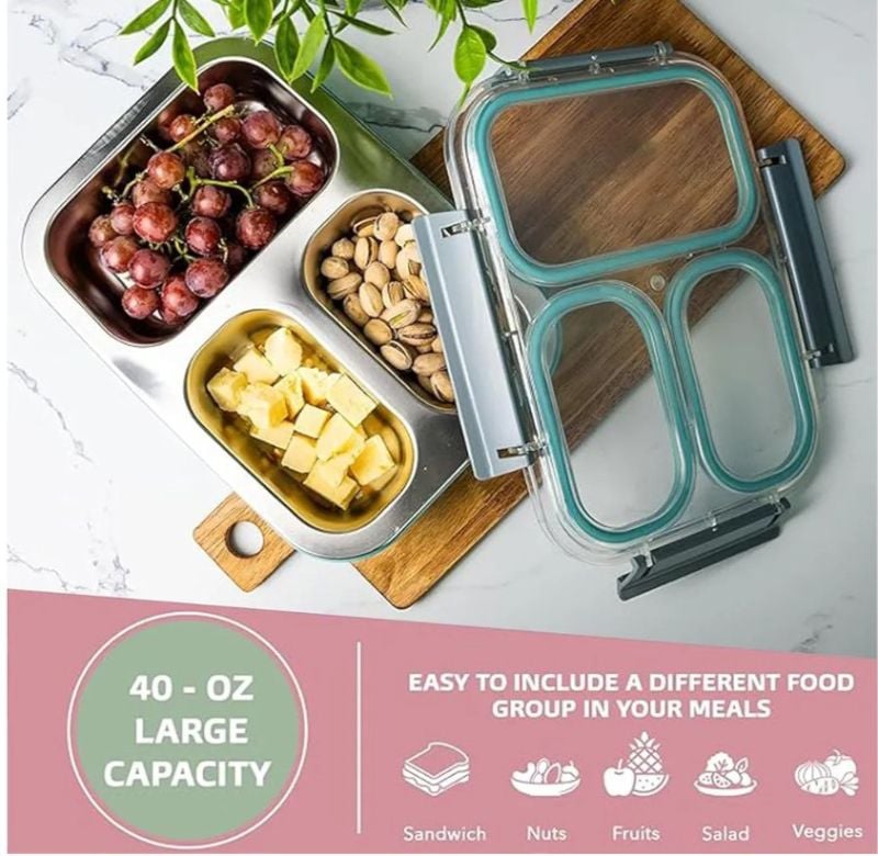 Stainless Steel Lunch Box with Divided Compartments, Meal Prep Containers Lunch Box With Steel Spoon for Adults & Kids, Leak & Spill Proof Snack Box with Utensils, BPA-Free & Dishwasher Safe (YS-102CG)