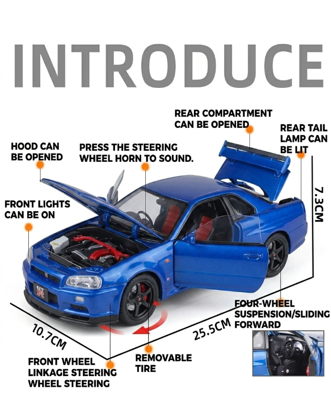 Big 1:18 Fast & Furious Car Nissan Skyline GTR R34 Famous Car In Diecast Official licence model car Blue Colour TM (1900-460)