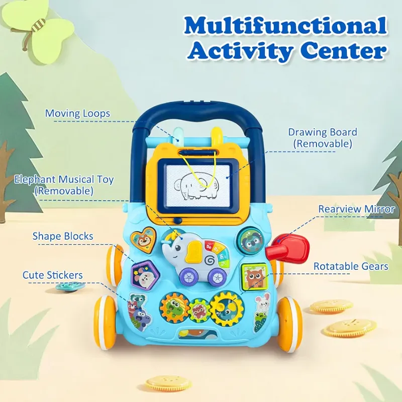 Premium Sit to Stand Baby Walker, Baby Push Along Toys with Music and Drawing Board, Early Educational Activity Centres Babies Learning Toys, Baby Walkers for Boys Girls from 6 Months KT (HE0810)