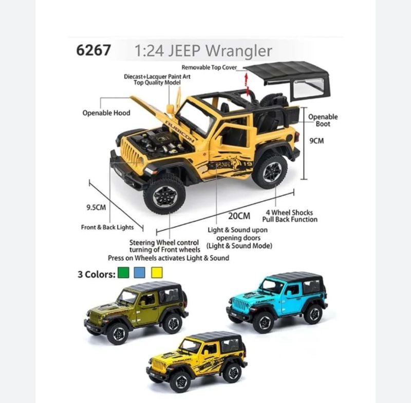 Jeep Wrangler Rubicon 1:24 Diecast open door hood toy car (DC24022)