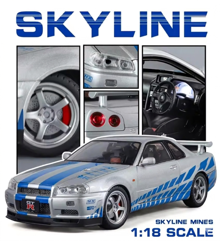 Big 1:18 Fast & Furious Car Nissan Skyline GTR R34 Paul Walker Famous Car In Diecast Official licence model car TM (1900-460)