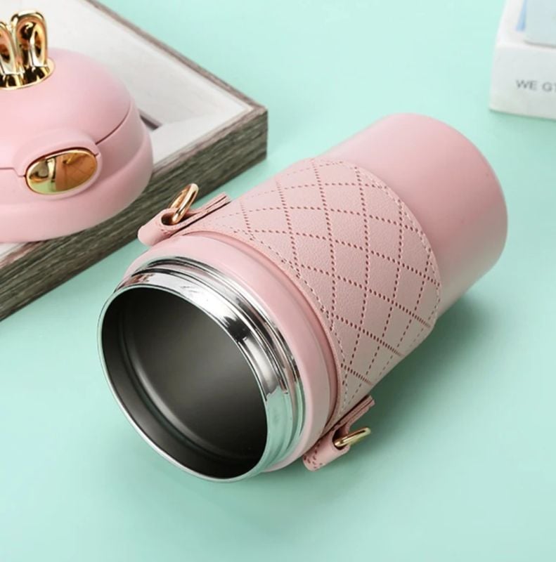 Premium quality Water Thermos, Travel mug With Long fancy Strip leather sleeve and Straw Leak-Proof lid Bunny Ear 480ml (383-14)