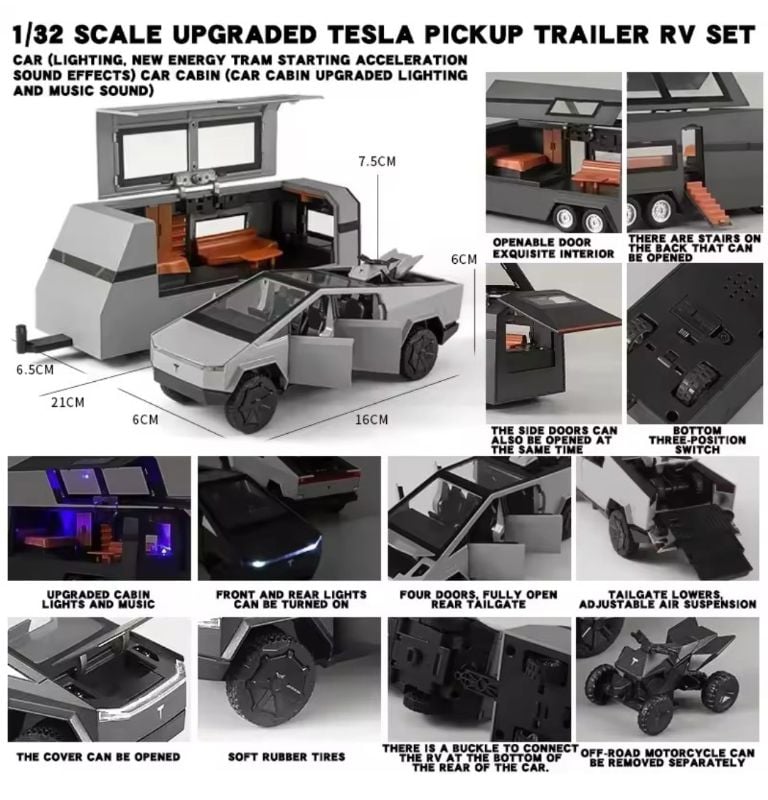 Tesla Cybertruck with a matching camper trailer 1:32 scale Die-cast (B3230)