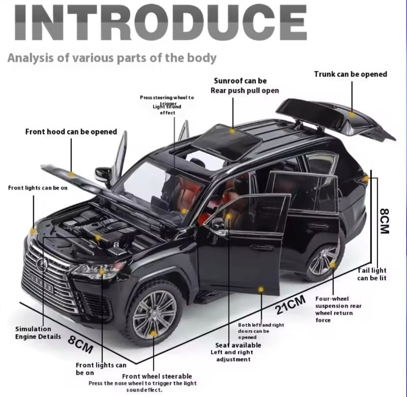 1:24 Toyota Lexus LX600 SUV Black Diecast model toy car in Black mirror openable doors KT(M345-1)