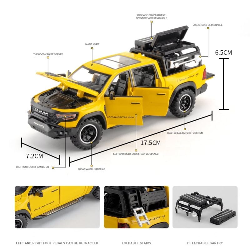 1:32 Scale Diecast Doge Ram 1000 pickup truck sounds light open sides (B477Z32N-A)