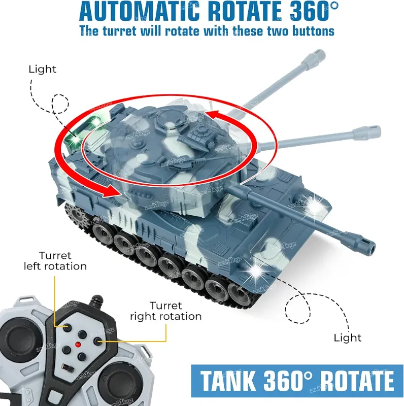 Remote Control 360 Rotating Turret Army Battle Tank for Boys with Light & Sound, Military Tank for Your Kids (DH666-68B)