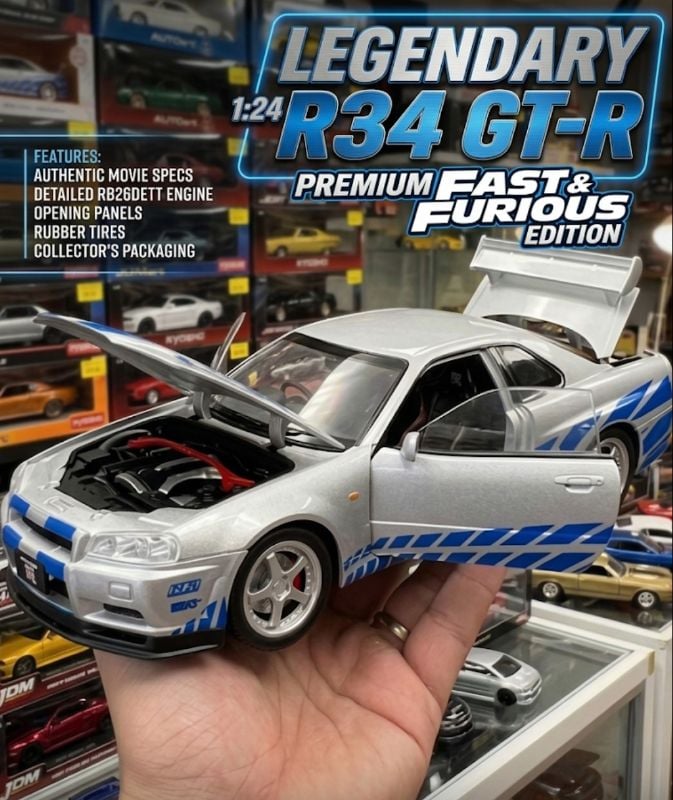 1:24 Legendary Fast and Furious Skyline GTR R34 iconic silver and blue Nissan Best For Car Lover