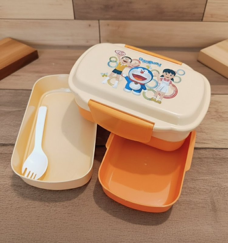 Lunch box Doraemon themed Bright Hyper space saving double compartment spoon unbreakable BPA Free