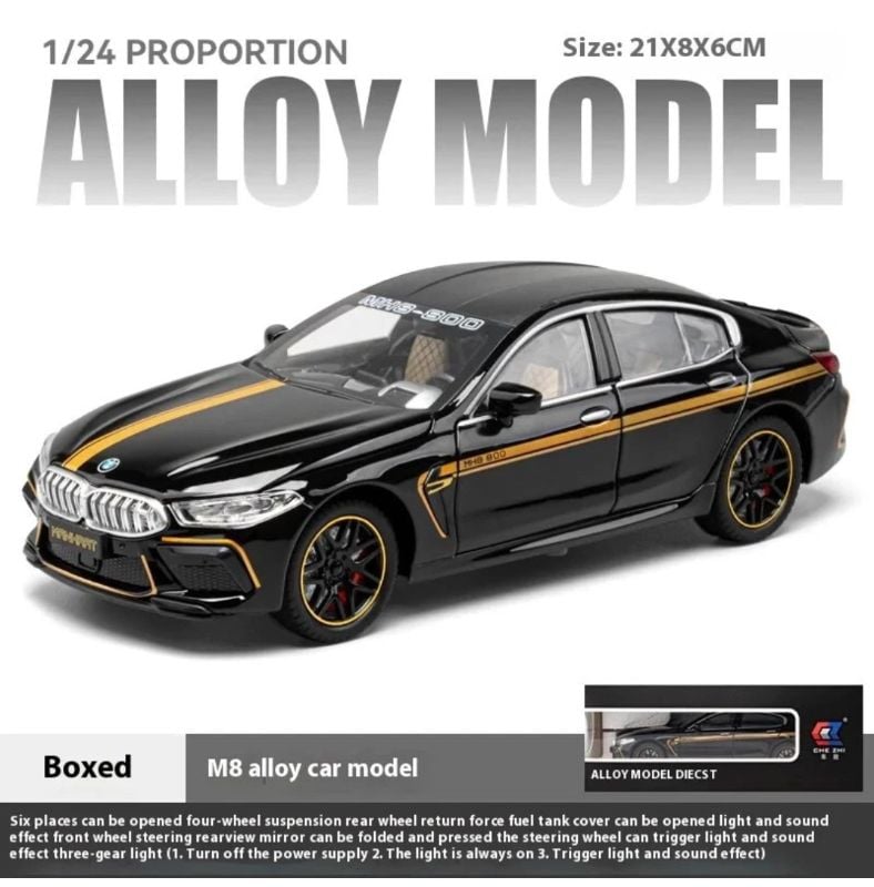 1:24 Scale Black BMW M8 Diecast Metal Model car Sound light Open all sides (CZ167)