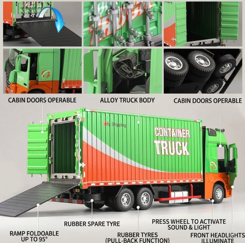 1:24 Premium Container Transport Truck Diecast Heavy Quality Metal Big Size Open Doors Sounds Light 12inches KT (53522-43)