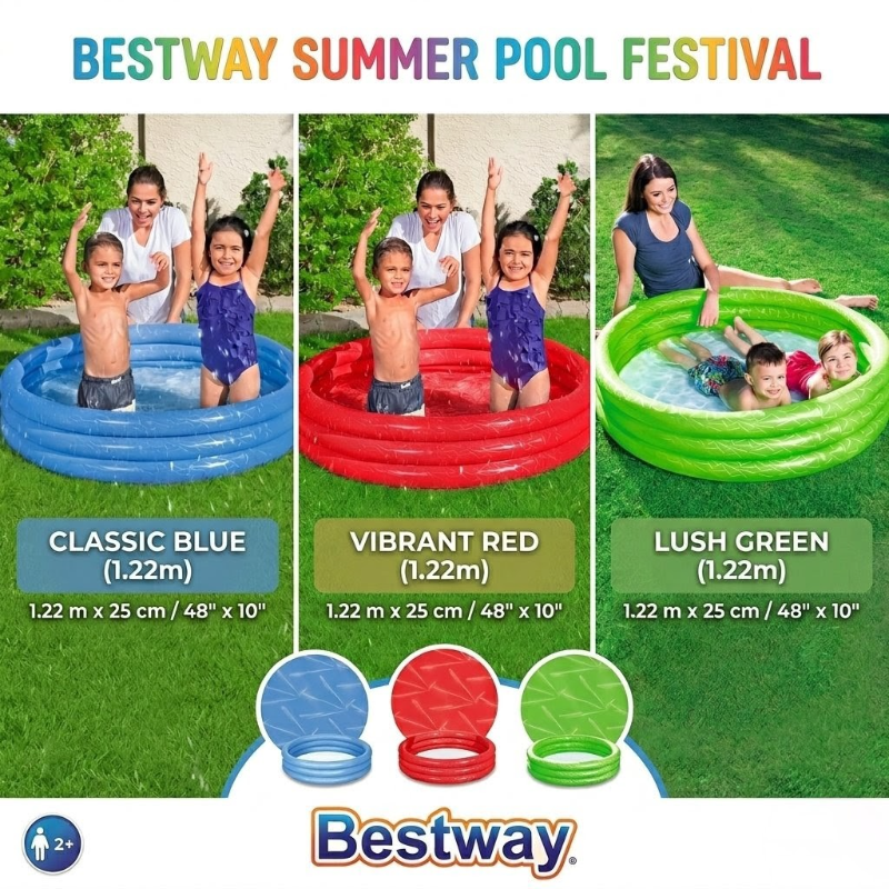 Bestway 3 Ring Inflatable Pool 3 variant cool embossing Paddling Pool Blue For Kid's - 48 X 10 Inches 2 kids space 0 to 7 age swimming pool TM (51025)