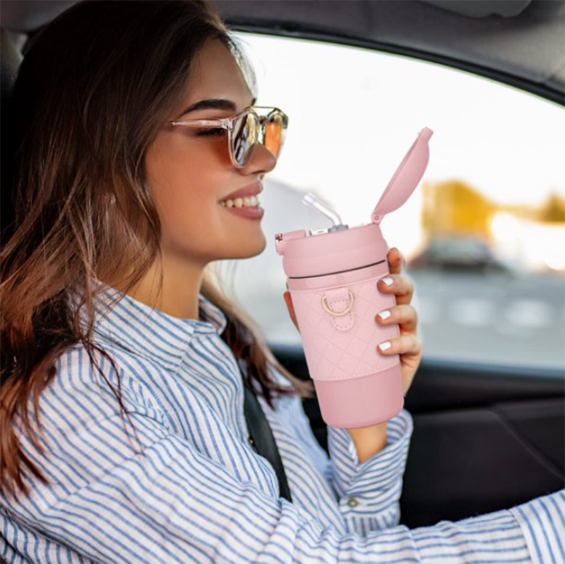 Premium quality Water Thermos, Travel mug With Long fancy Strip leather sleeve and Straw Leak-Proof lid Bunny Ear 480ml (383-14)