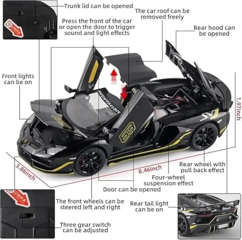 1:24 Scale Diecast Lamborghini Aventador SVJ 63 openable all sides sound light Gift car for Children and collectors lover TM