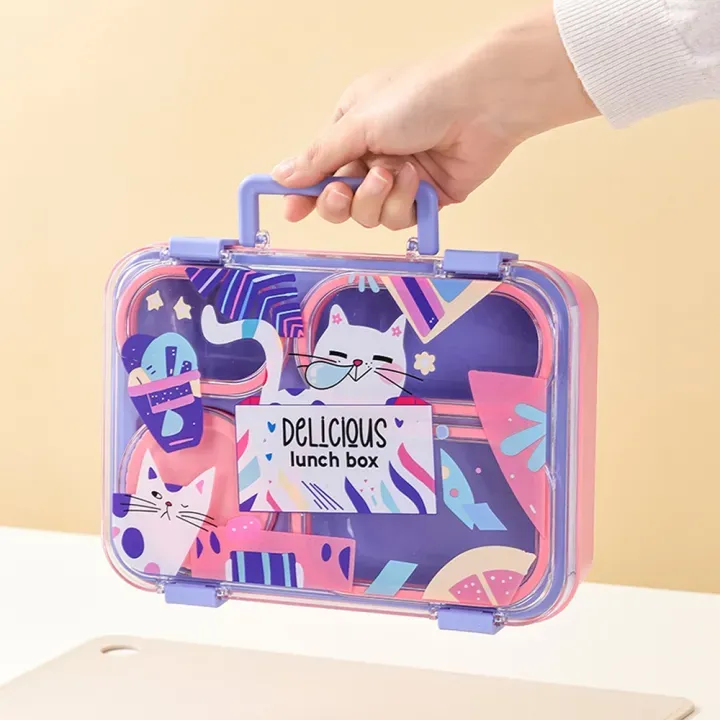 High Glossy Lunch Box food storage Uv printed premium 4 Compartment with handle carry (LX-7170)