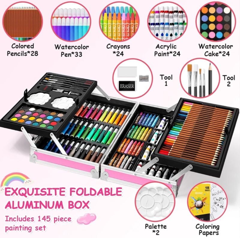 Big High quality Painting Art 145pcs Suitcase Drawing Art Painting Stationery Set Watercolor Pens Crayon Marker Drawing Painting Tools Birthday Gift KT (TTK-CB)