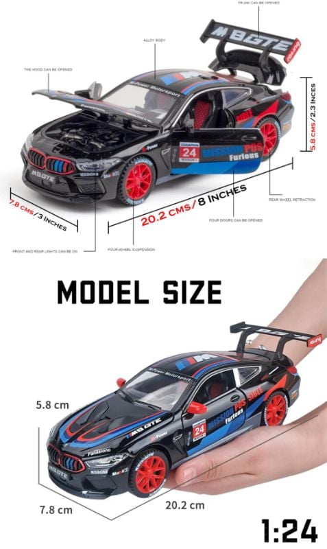 1:24 BMW M8 GTE Race Car Alloy Car Diecast Model Sound Light Pull Back Toy Model Computer Decorative Ornaments Kids Toys Gift TM (DC24232)