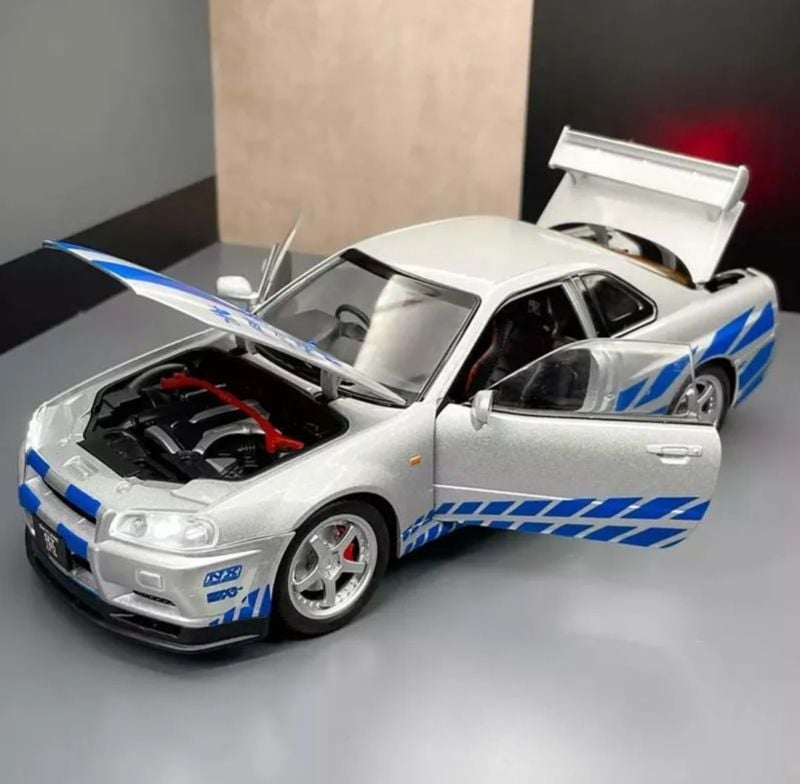 1:24 Legendary Fast and Furious Skyline GTR R34 iconic silver and blue Nissan Best For Car Lover