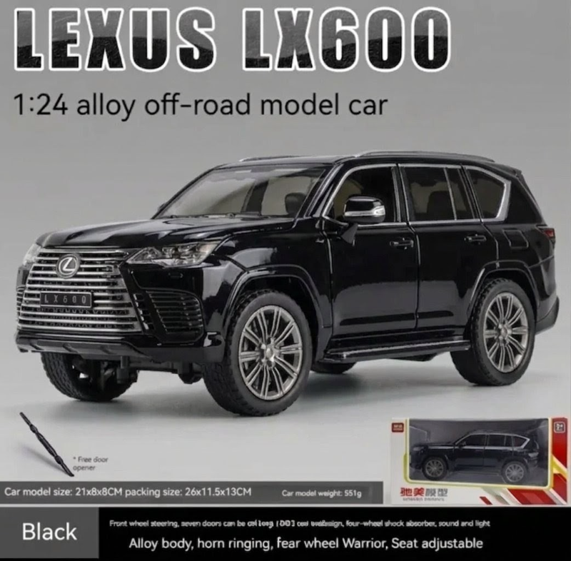1:24 Toyota Lexus LX600 SUV Black Diecast model toy car in Black mirror openable doors KT(M345-1)