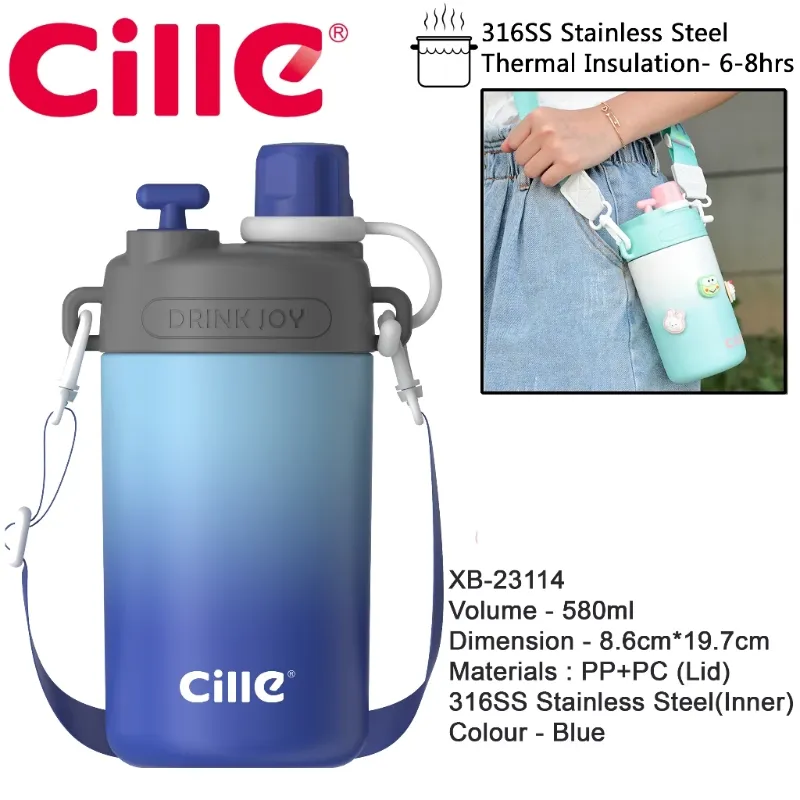 580ML Gradient Colour 316 grade stainless steel water bottle Double-wall vacuum insulation Water Bottle Pastel + Straw + Strap (XB-23114)